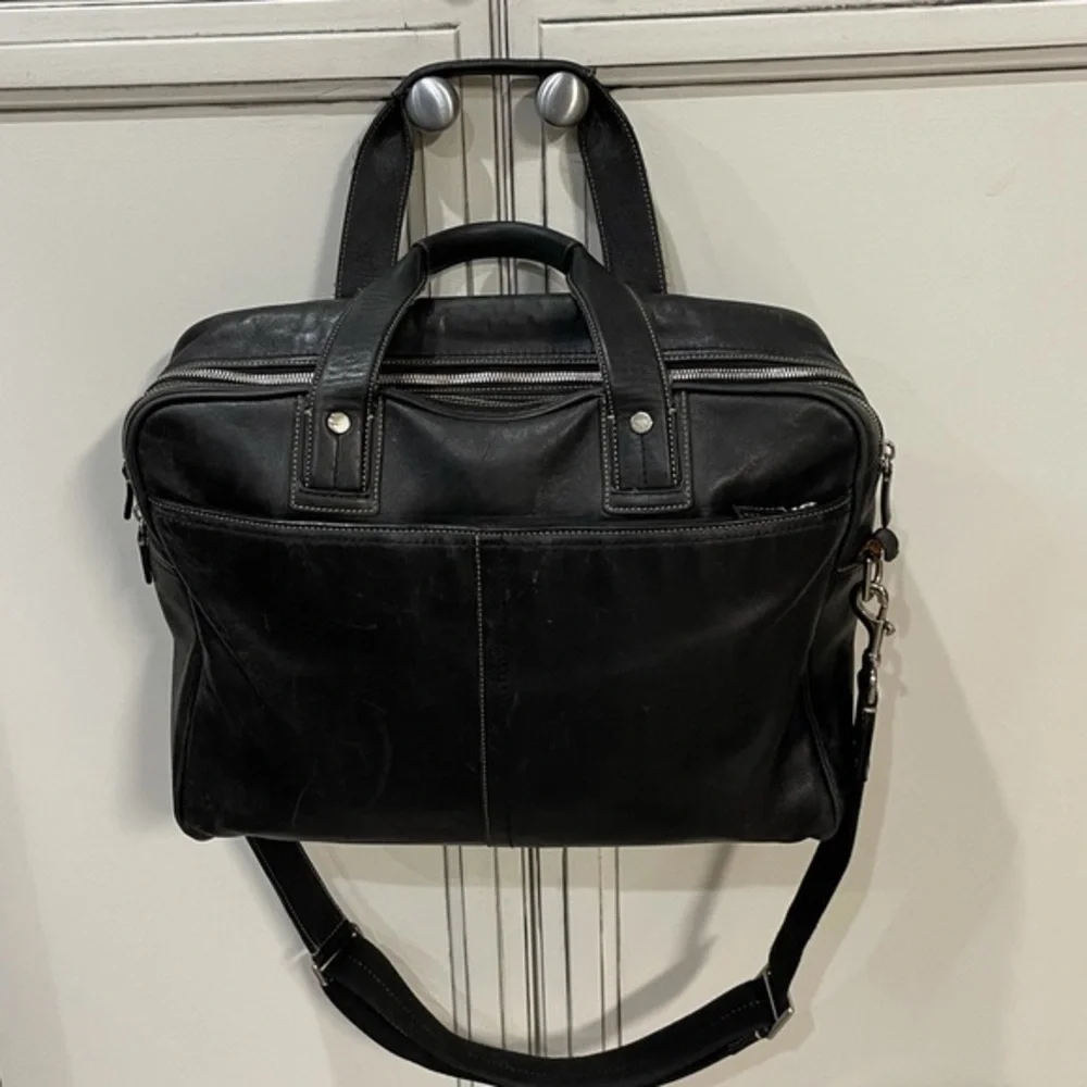 COACH VINTAGE BLACK LEATHER LAPTOP BAG BRIEFCASE multi compartment Travel